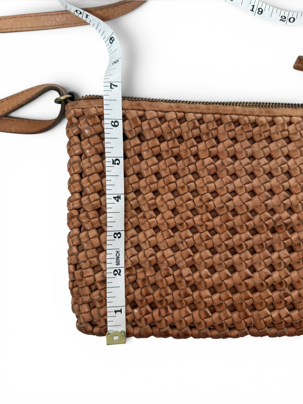 Woven Leather Crossbody Bag Tan Cognac Boho Minimalist Organizer - Picture 6 of 10